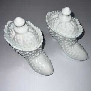 Vintage Fenton Hobnail White Milk Glass Candy Dish with Cover Victorian Boot